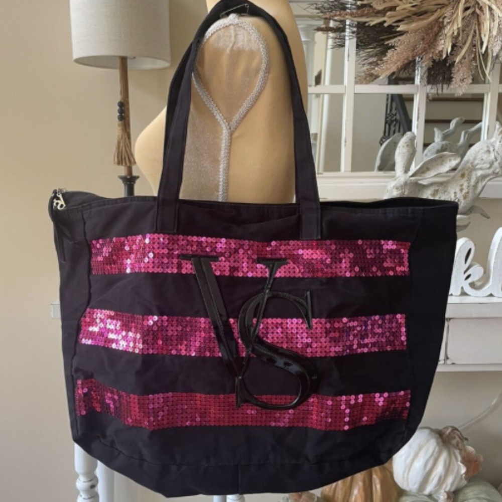 NWT Victoria Secret Pink & Black Sequin Monogram logo Stripe Zip Weekender Tote
